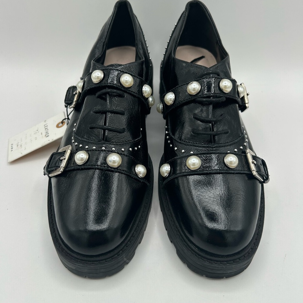 Zara Women’s Patent Leather Studded Pearl Oxford Loafer Shoe Size 36 ( USA 6 ) - Picture 6 of 11